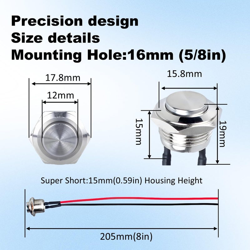 Punnzer (2-Pack) 16mm Short-Body Metal Waterproof Momentary Switch - 5/8" Mount, IP66, 1NO Contact (Up to 220V) High Head - Image 3